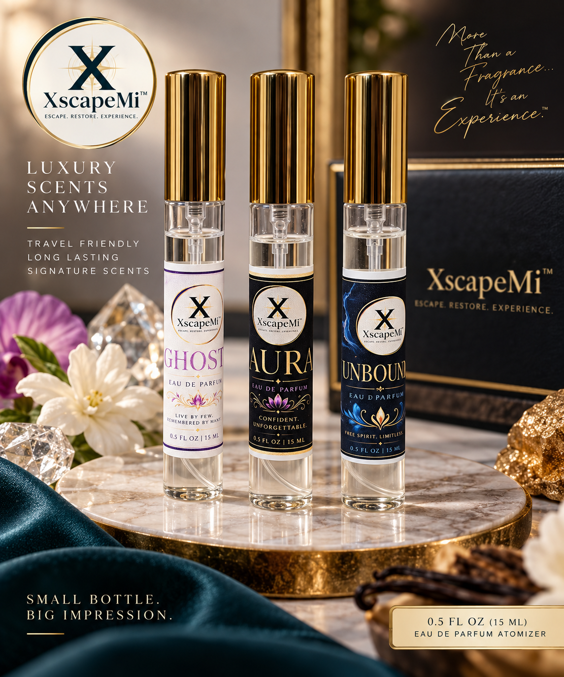 Ghost, Aura, and Unbound 15 mL Eau de Parfum atomizers by XscapeMi Naturals