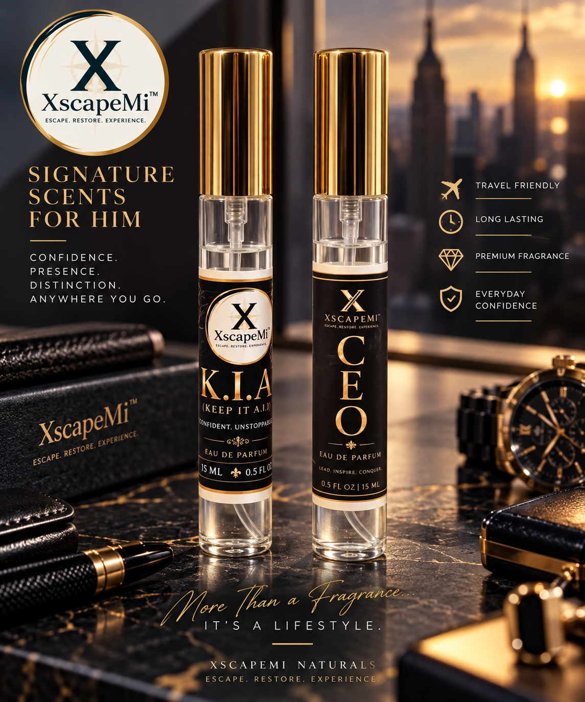 K.I.A. and CEO 15 mL Eau de Parfum atomizers by XscapeMi Naturals